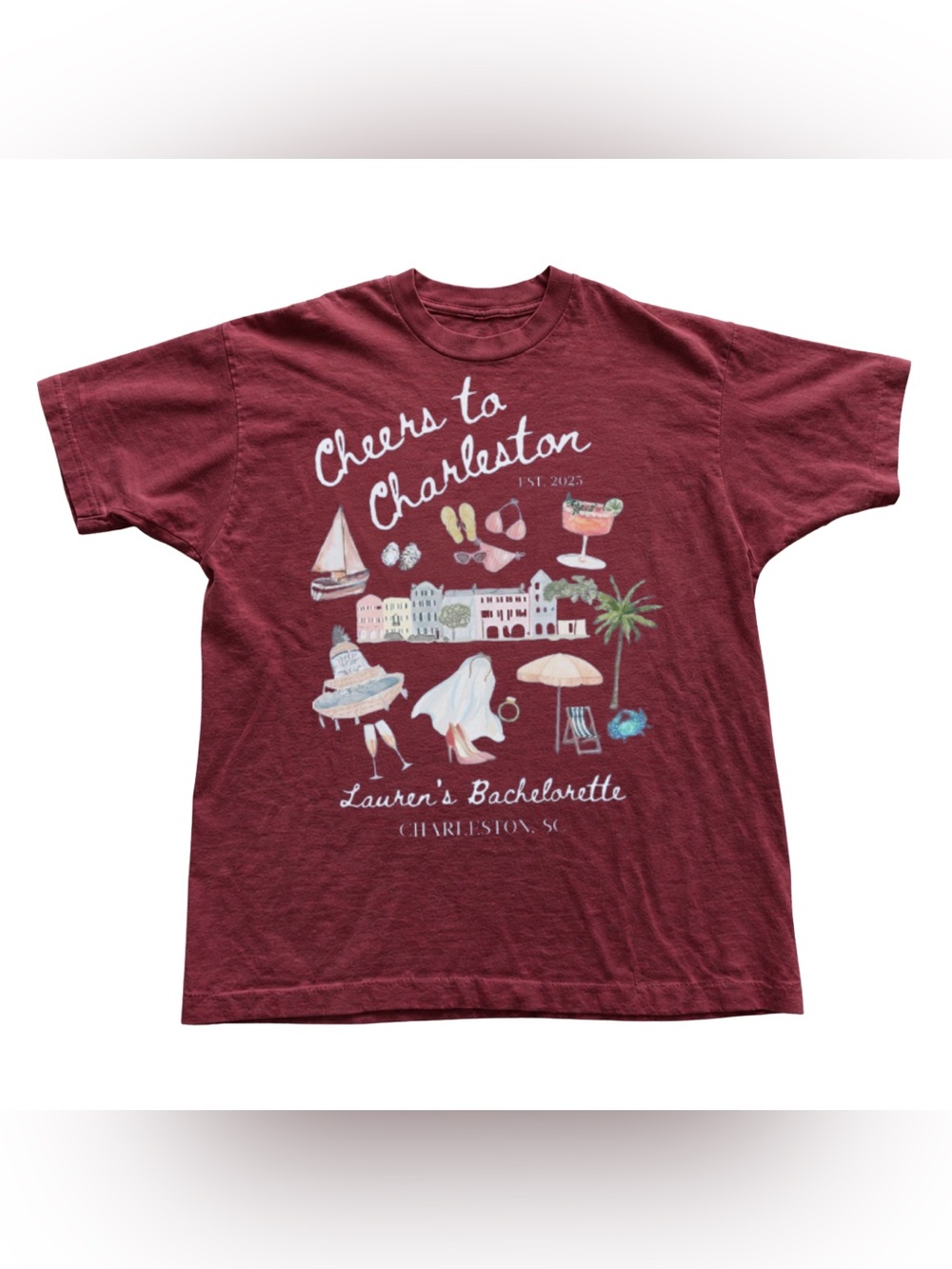 Antique CherryRed Burgundy "Cheers to Charleston" Bachelorette Graphic Tee